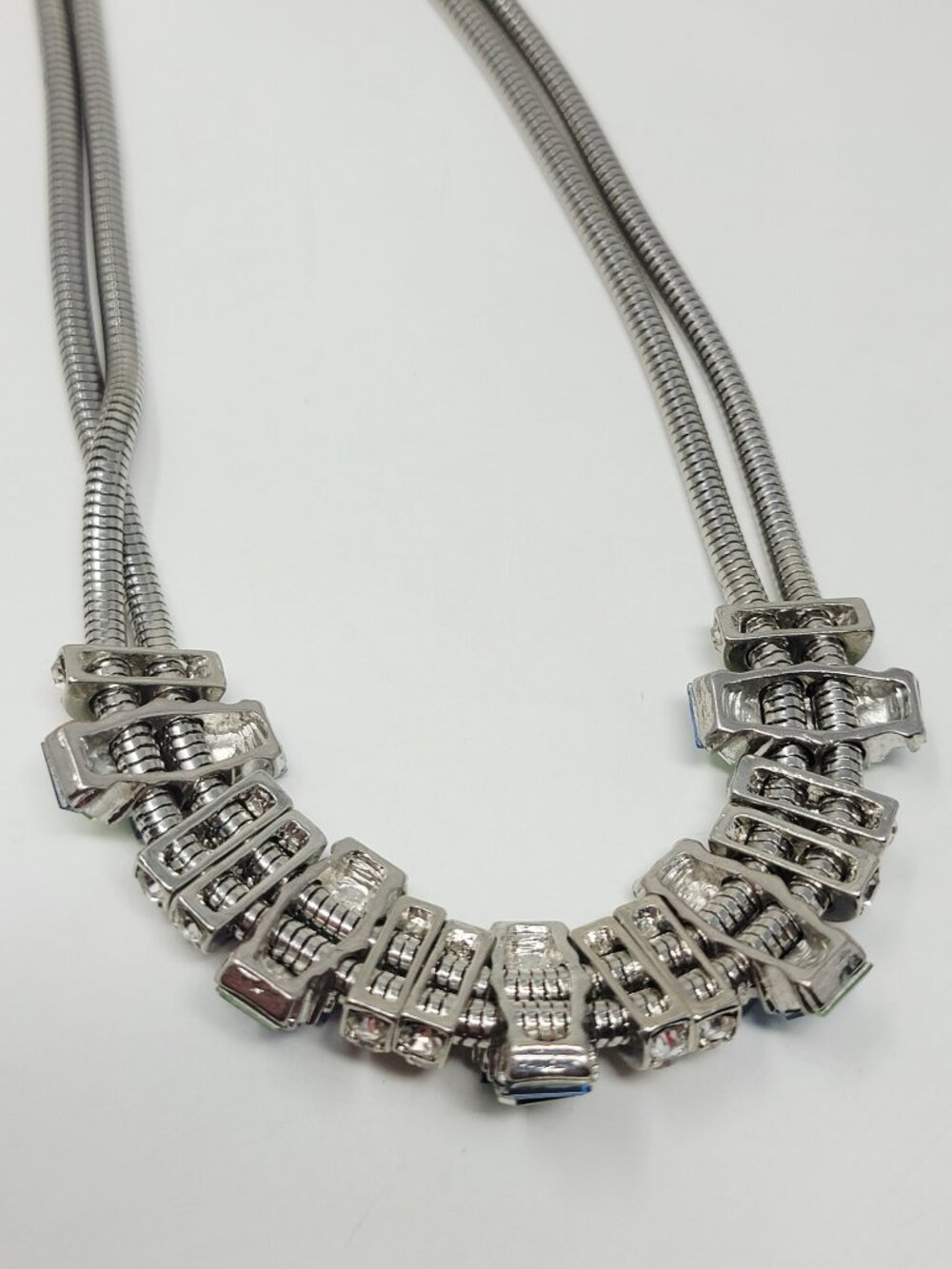 Multi Strand Snake Chain Blue Green Crystal Rhinestone Statement Necklace - Picture 3 of 5